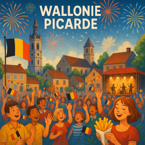 A festive and colorful illustration representing the Belgian National Day celebrated in Wallonie pic