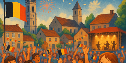 A festive and colorful illustration representing the Belgian National Day celebrated in Wallonie pic