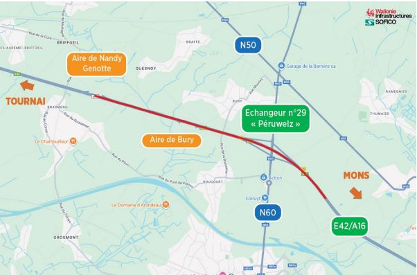 Péruwelz : gros chantier sur l’E42/A16 vers Mons dès le 20 août, circulation réduite à une bande